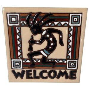 Vtg 90s Glazed Welcome To My Home Kokopelli Decorative Ceramic Tile Southwest